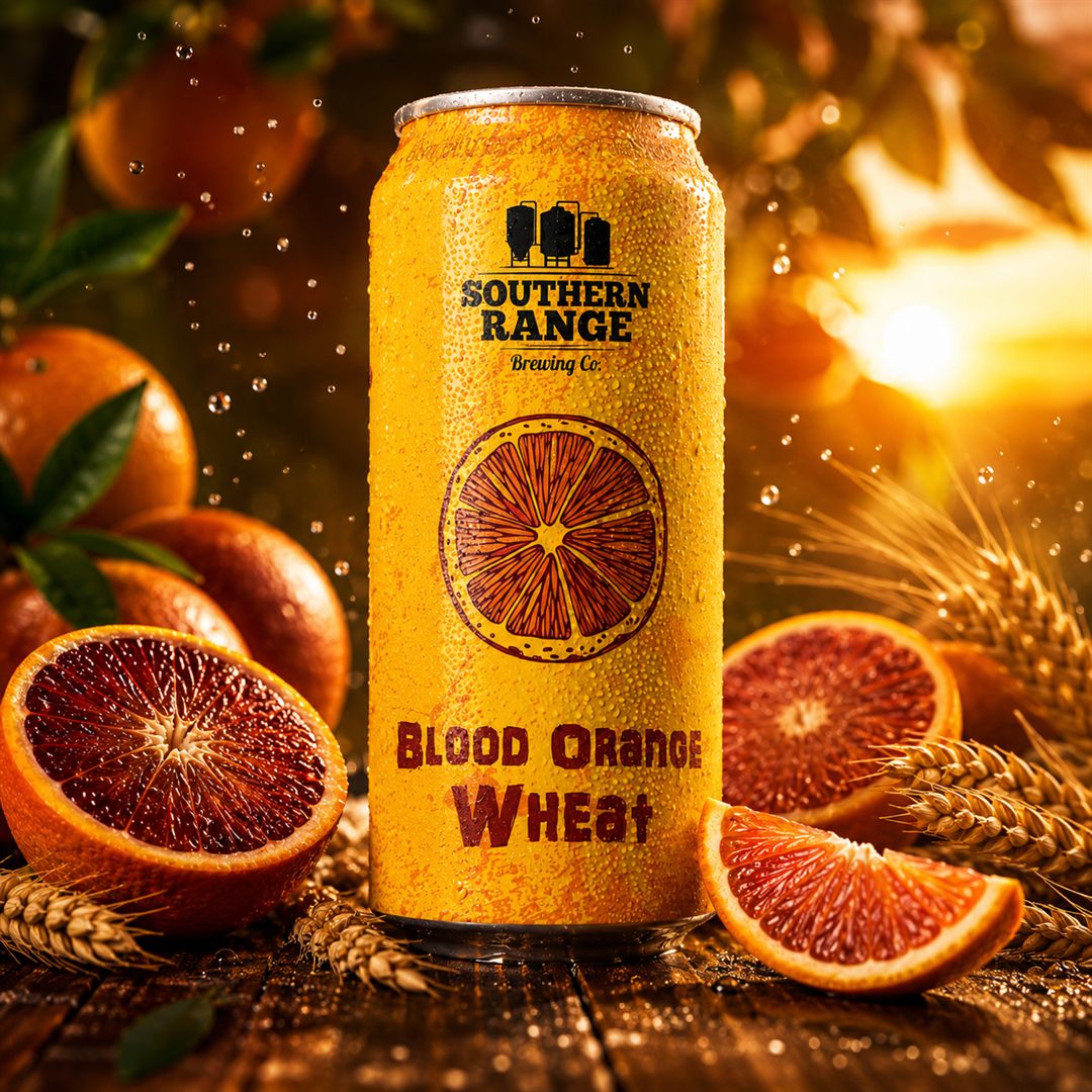 Blood Orange Wheat ale can with fresh blood oranges and wheat