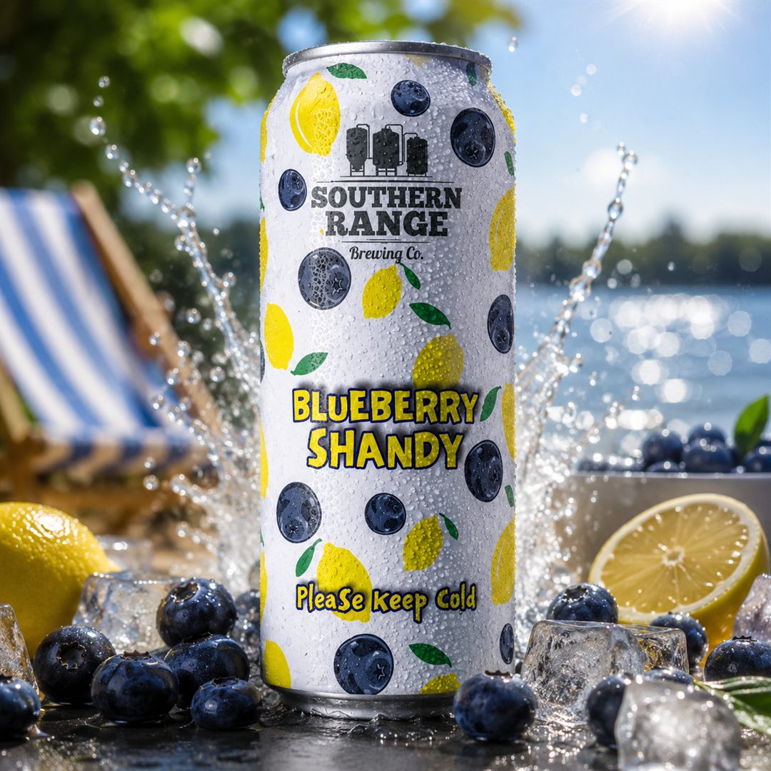 Blueberry Shandy can on ice by the lake with blueberries and lemons