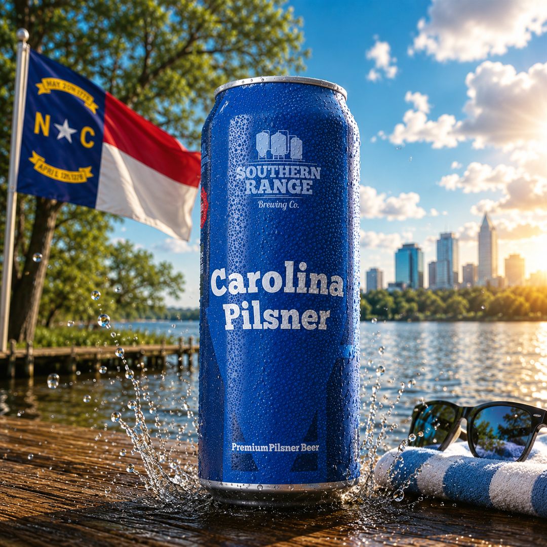 Carolina Pilsner craft lager can by a Carolina lake with the NC flag