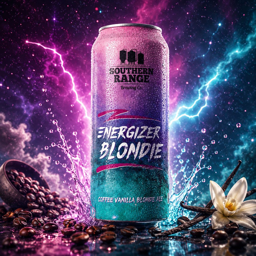 Energizer Blondie coffee vanilla blonde ale can with lightning and coffee beans