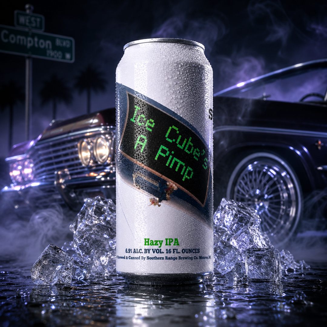 Ice Cube's A Pimp hazy IPA can on ice with a lowrider