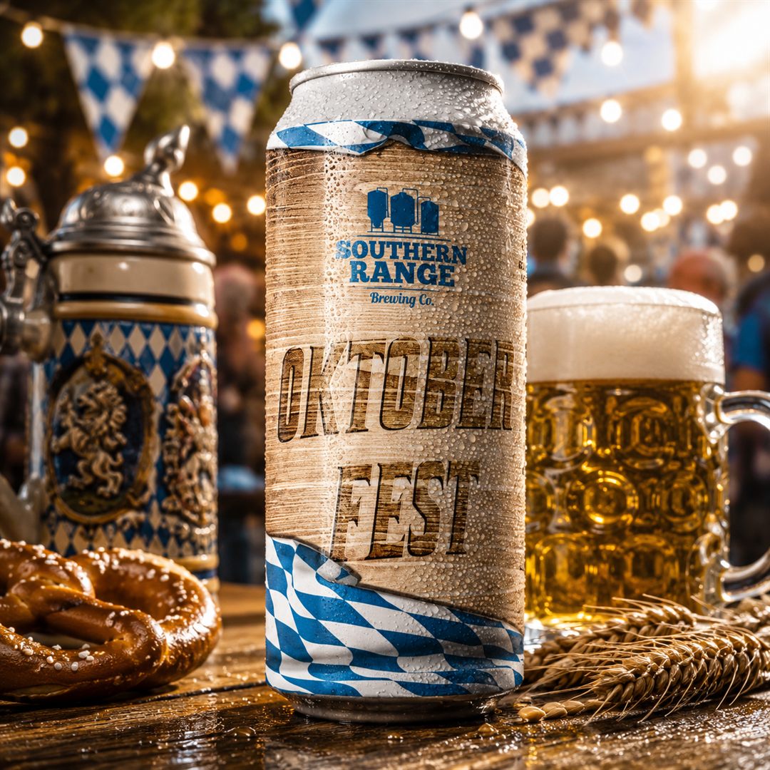 Oktoberfest Märzen lager can with a pretzel and beer stein