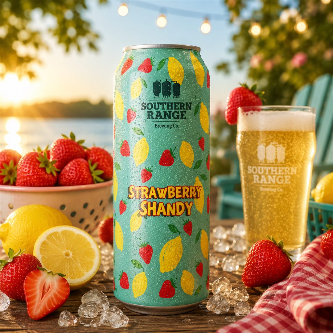 Strawberry Shandy blonde ale can lakeside with strawberries and lemons